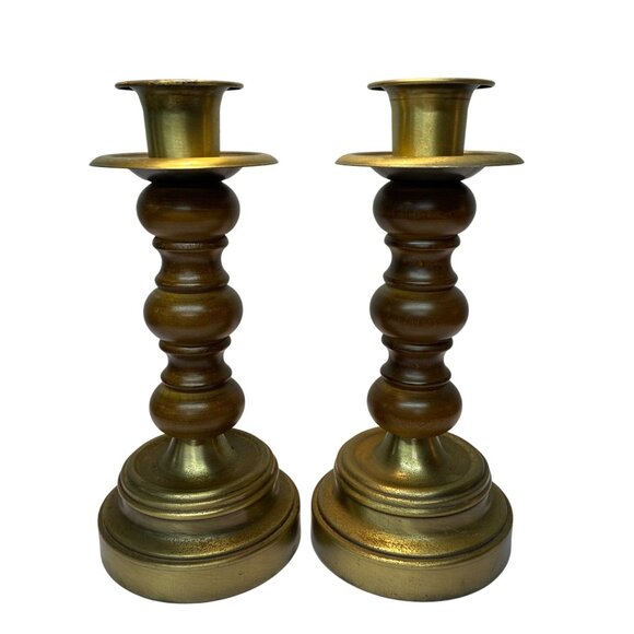 Homco Other - Vintage Wood Brass Set of 2 Candle Holders Homco Gold Tone 9.5"x4" MCM Retro